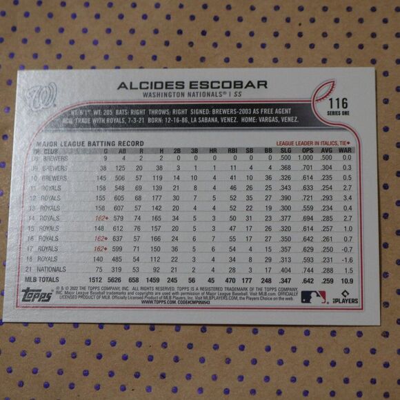 Alcides Escobar #116 Baseball Card - Picture 2 of 2